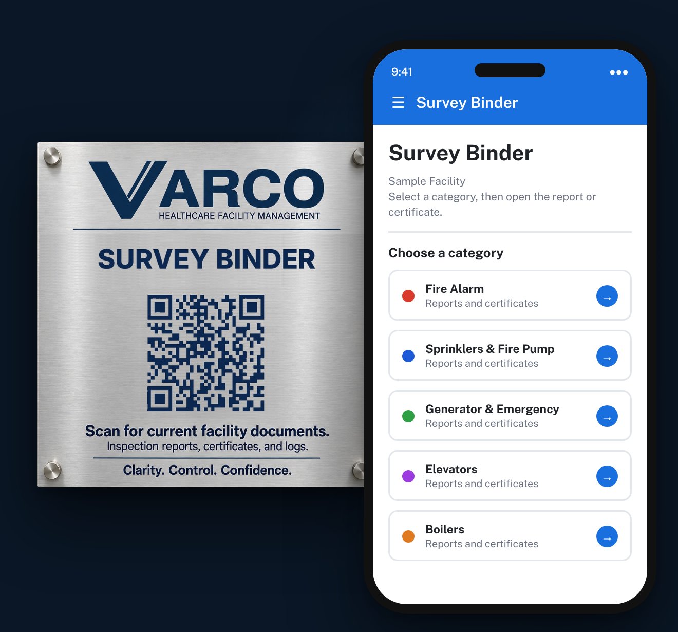 VARCO Survey Binder plaque with QR code beside the Survey Binder app on a phone